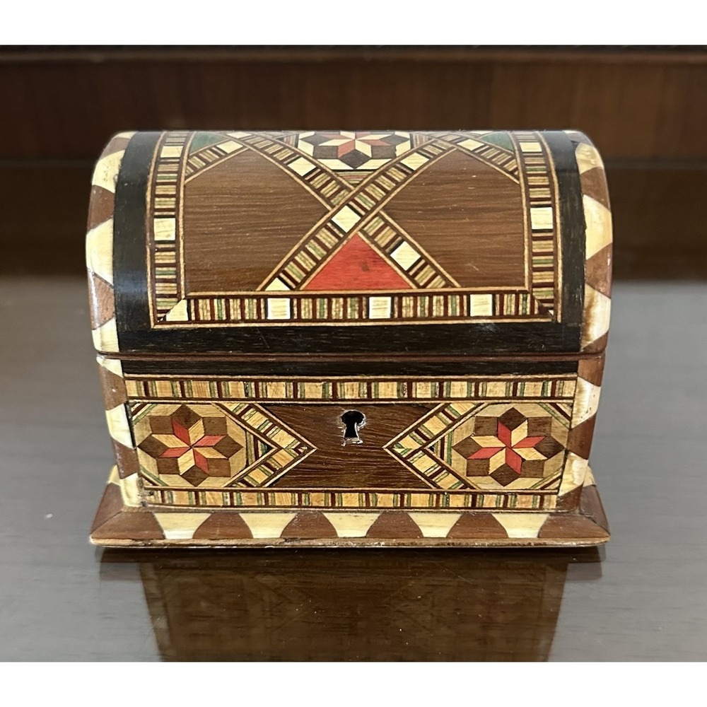 Vintage Inlaid Wood‎ Marquetry Jewelry Trinket Box Lined 4.25'' x 3.5''